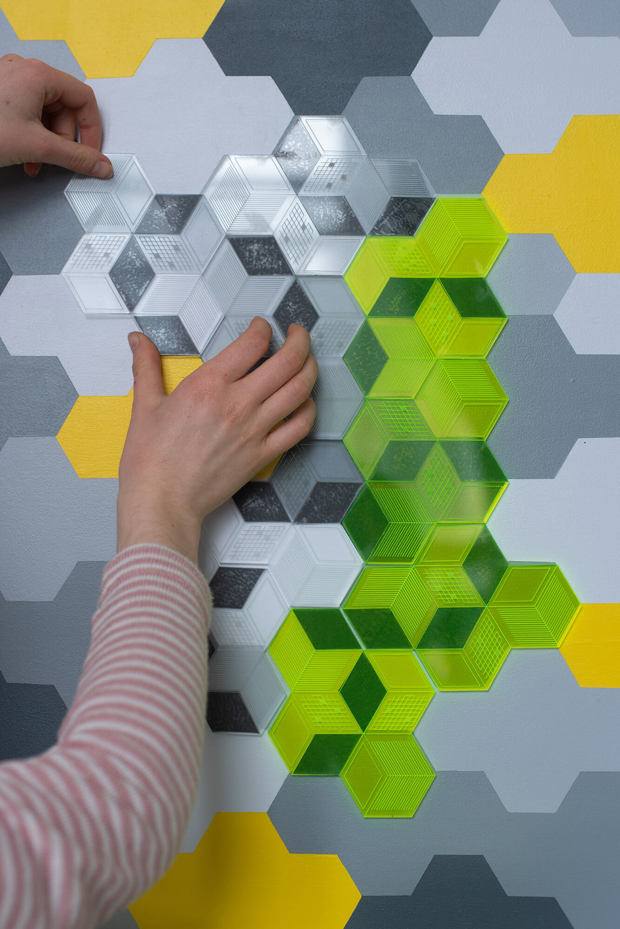 Isometric pattern in grey, yellow and neon green