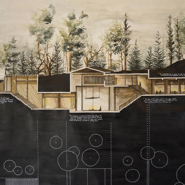 Cross section of modern wood building rendered in watercolours